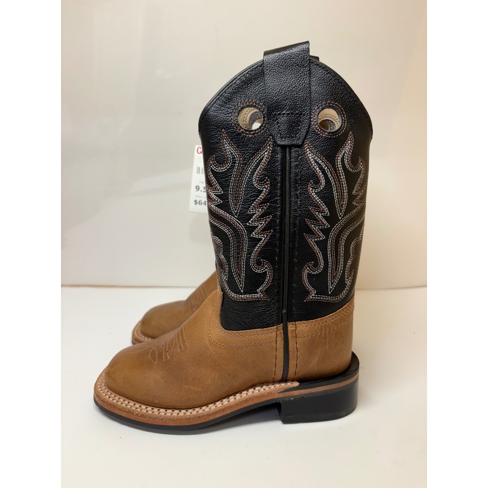 Old West Kids Brown Black Leather Square Toe Cowboy Boots BSC1814 Size 9.5 D